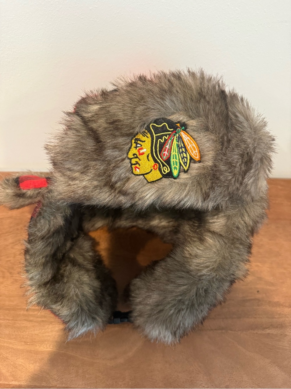 Chicago Blackhawks Faux Fur Trapper Hat with Team Patch - Brown